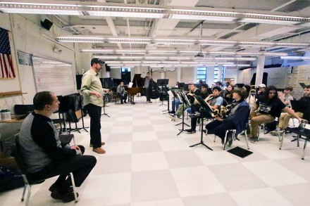 Jazz musicians Steve Johns and Greg Wall visit the Staples High School Jazz Band Ensemble on Jan. 9, 2020